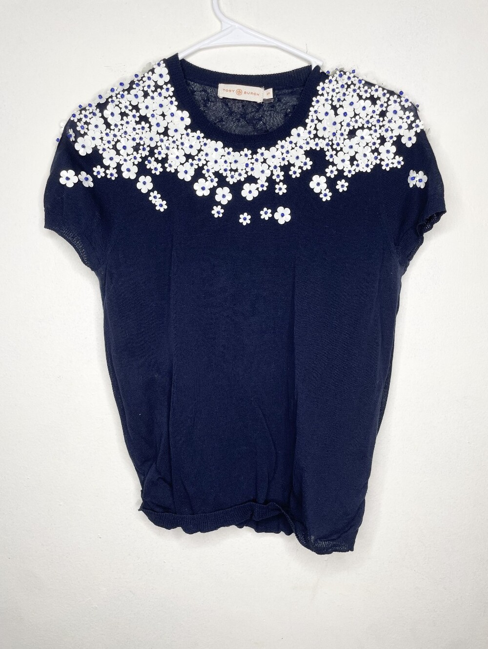Tory Burch Navy Short Sleeve Knit Top with White Floral Appliqué